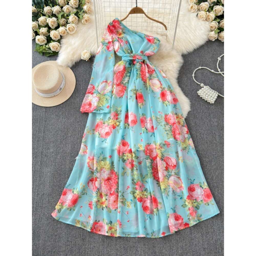 French court style dress summer dress womens design print button up slim fit long high-end dress holiday dress