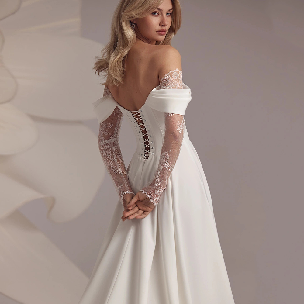 Exquisite Lace Side Split A Line Wedding Dress Bridal Gown Off the Shoulder Long Sleeve Satin Wedding Gown Robe De Mariage