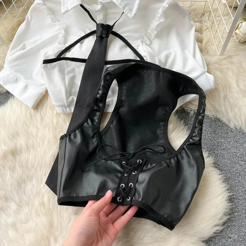 sweet Preppy Erotic Skirt Suits Fashion Short Sleeve TopsVestButton Mini Skirt Suit Women Hollow Out Sexy 2 Pieces Sets 240603