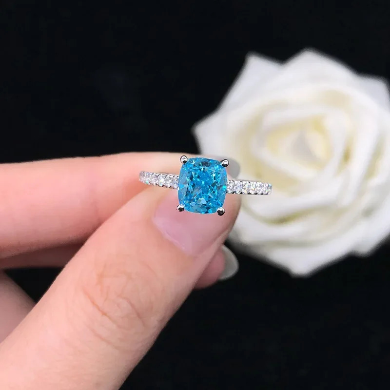 Solid 14K White Gold AU585 Platinum PT950 Simple four claw colorful rectangular aquamarine ring hand jewelry 240601