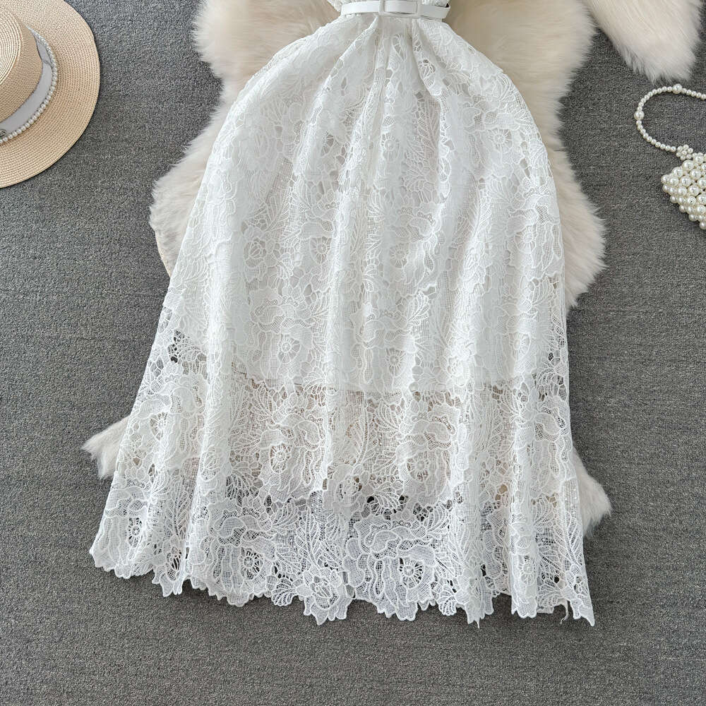 Summer fashion socialite temperament short sleeved lapel pleated waist slimming mid length A-line water-soluble lace dress