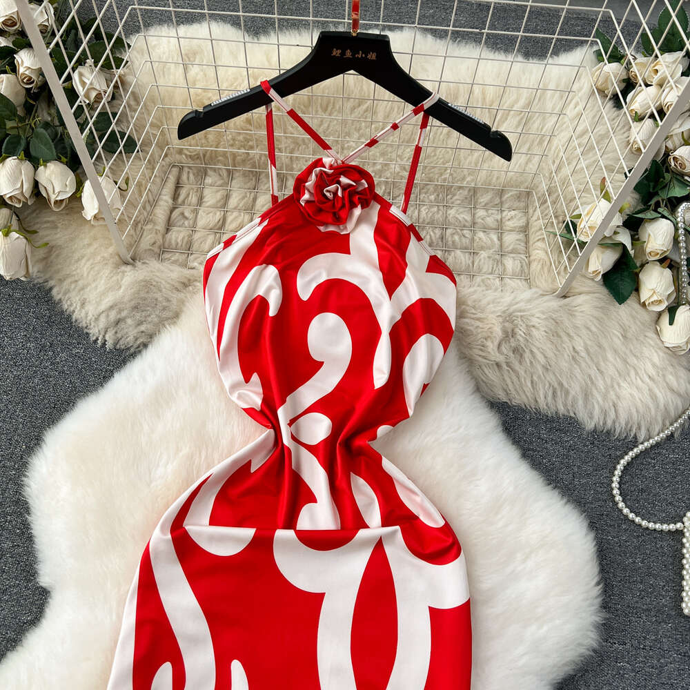High end dress with a sense of luxury high-end design printing slim fit long and sexy hanging neck strap dress for women