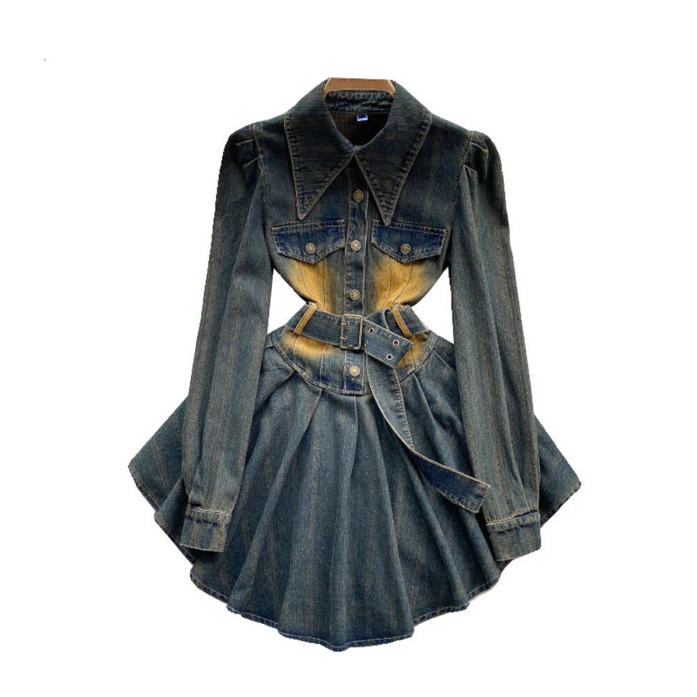 American style denim skirt design with a fake two piece waist up slimming pleated A-line skirt short style elegant dress