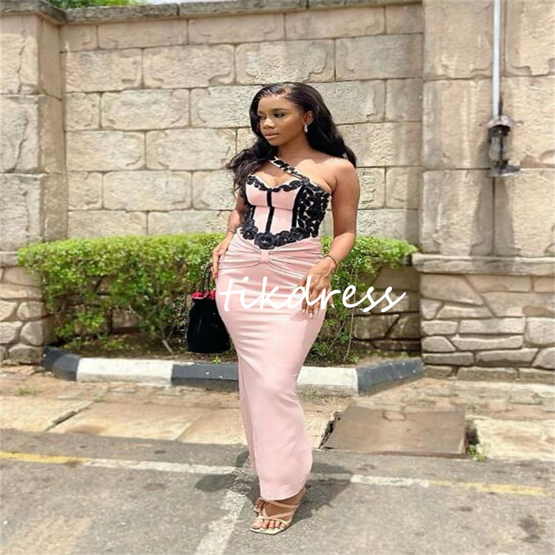 Charming Pink Prom Dresses With Black Lace Elegant Mermaid One Shoulder Midi Evening Dress 2024 Corset Lace Up Formal Birthday Party Wear Vestios De G