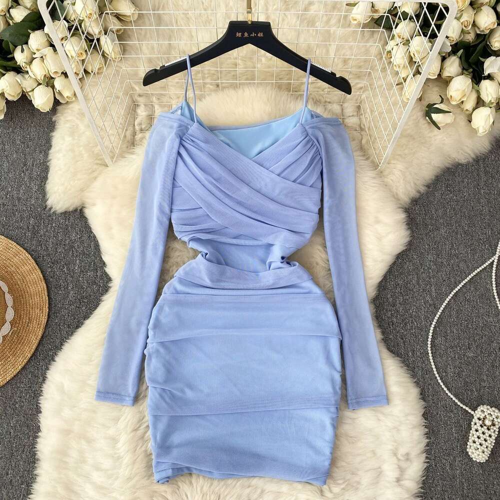 French Light Luxury Hanging Strap Mesh Dress for Womens Summer Design Sensibility Small Crowd Slim Waist Pure Desire Spicy Girls Hip Wrap Skirt