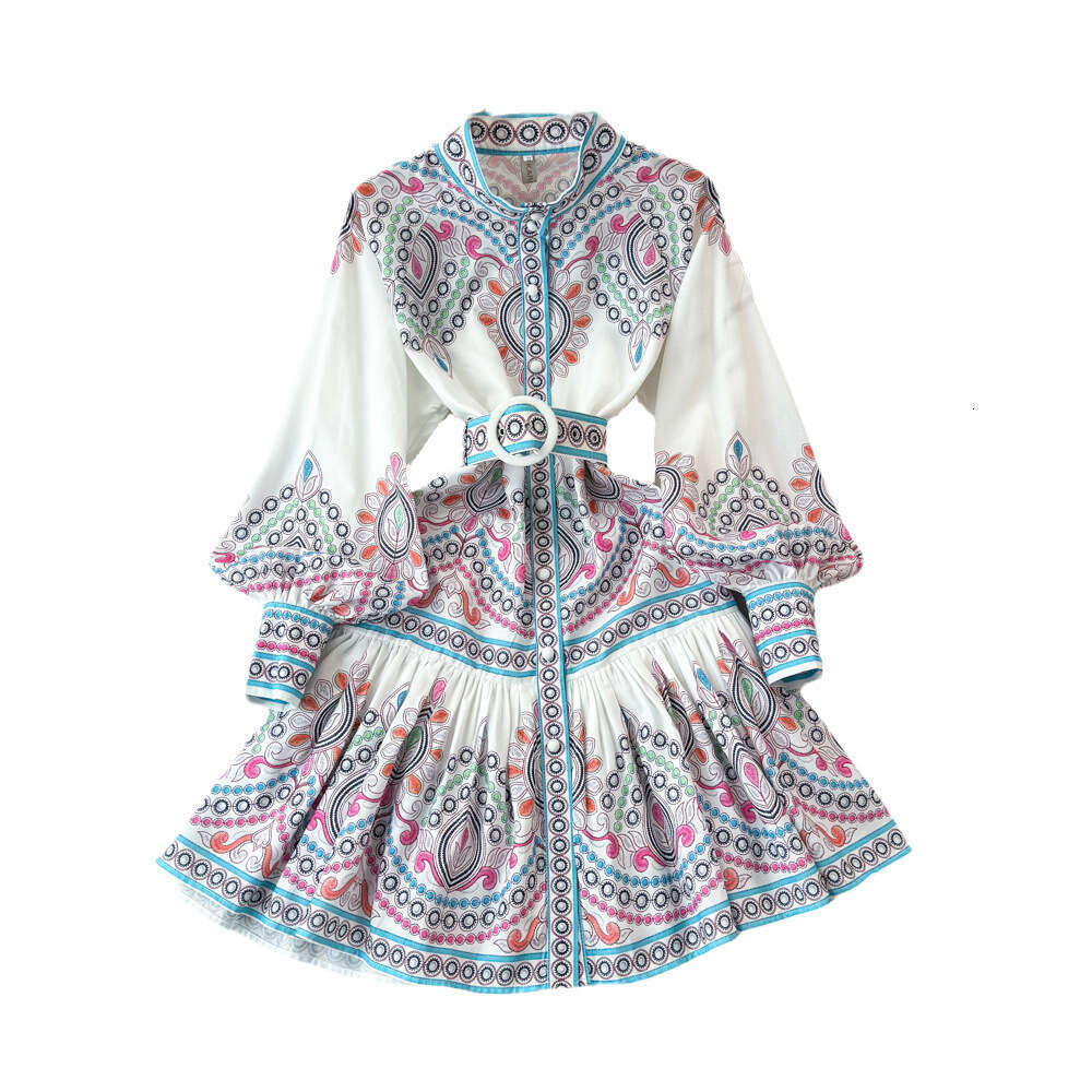 Elegant and Elegant Spring and Autumn Style Lantern Long sleeved Standing Neck with Waist and Slim Appearance Single breasted A-line Positioning Print