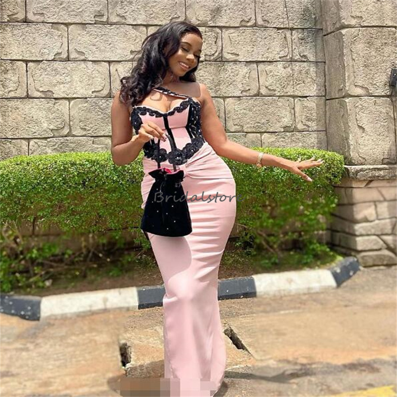 Charming Pink Prom Dresses With Black Lace Elegant Mermaid One Shoulder Midi Evening Dress 2024 Corset Lace Up Formal Birthday Party Wear Vestios De G