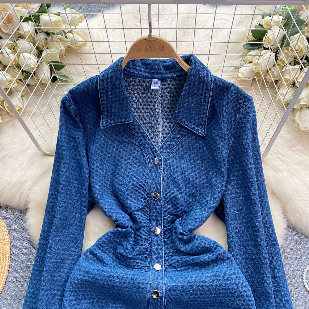 Korean version of womens clothing 2024 new spring style heart machine pleats waist reduction slimming effect mid length style elegant dress denim skir