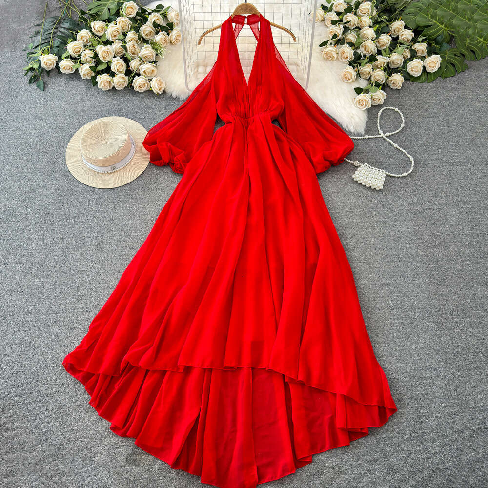 Seaside Travel Photography Super Immortal Vacation Long Dress with Hanging Neck Open Back Waist Wrapped A-line Tail Flowing and Flowing Chiffon Dress