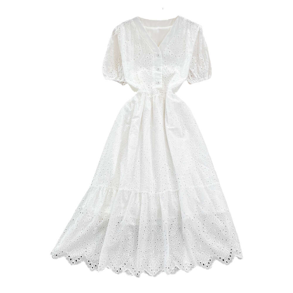 2023 Summer Elegant V-Neck Hook Flower Hollow Waist A Line Dress Elegant Beach Vacation Swing Long Dress