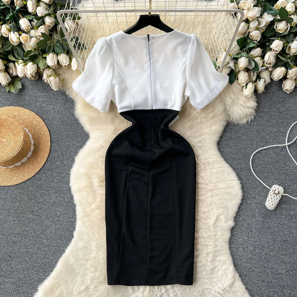 Hepburn style French elegant dress womens summer haute couture socialite temperament bow tie bubble sleeve slim fitting dress