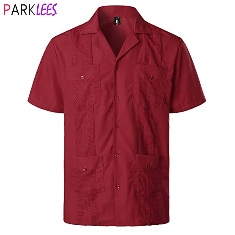 Wine Red Four-Pocket Cuban Guayabera Shirt Men Short Sleeve Camp Collar Shirt Male Embroidered Mexican Cigar Wedding Beach Shirt 240603