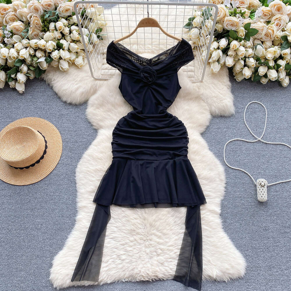 Pure desire dress womens design sense three-dimensional flower one line collar off shoulder pleated mesh slim fit short ruffle edge skirt