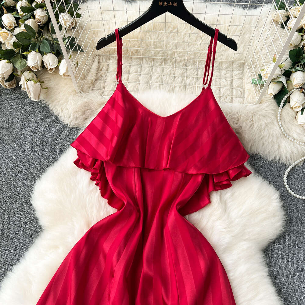 French style suspender dress for women with summer ruffle edge and slit design feeling niche light luxury super fairy like long skirt