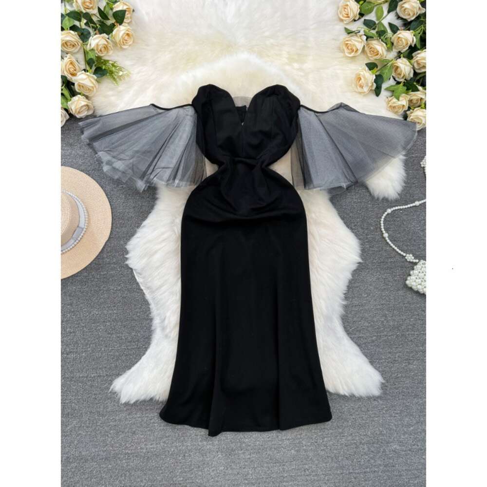 2023 Summer High end Fashion Mesh Sleeve Splice Bra Waist Slimming Mid length A-line Dress