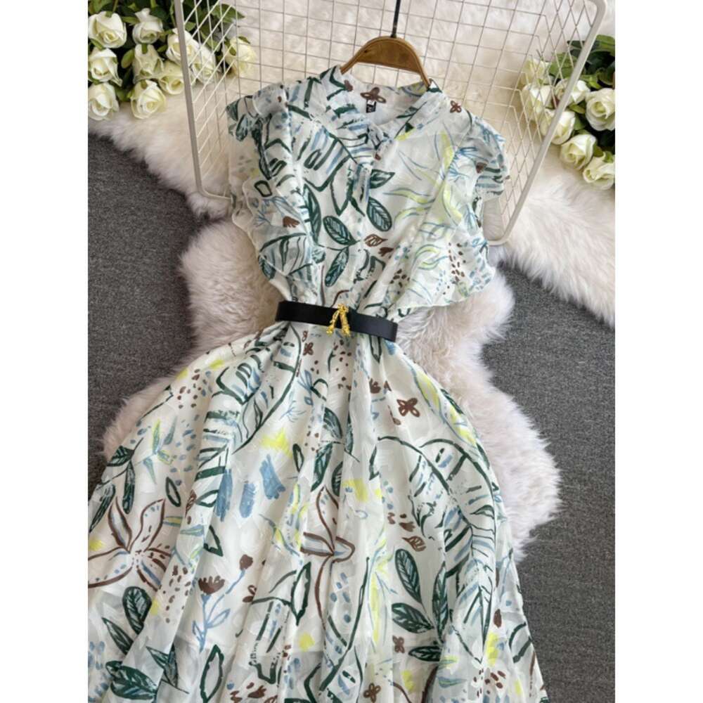 Fashionable socialite temperament formal occasion short sleeved stand up collar with ruffled edges and waist cinching A-line green printed dress