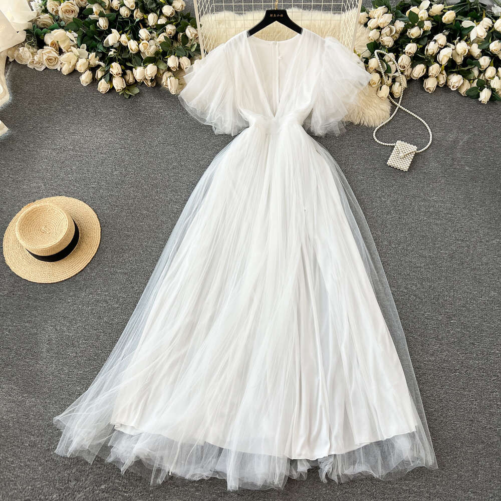 Palace style dress high-end light luxury niche long fairy dress sweet pink mesh slit high-end feeling dress