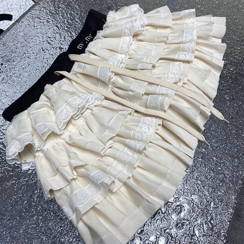 Women's high elastic waist logo letter embroidered princess wind lace laminated ruffled short skirt SML