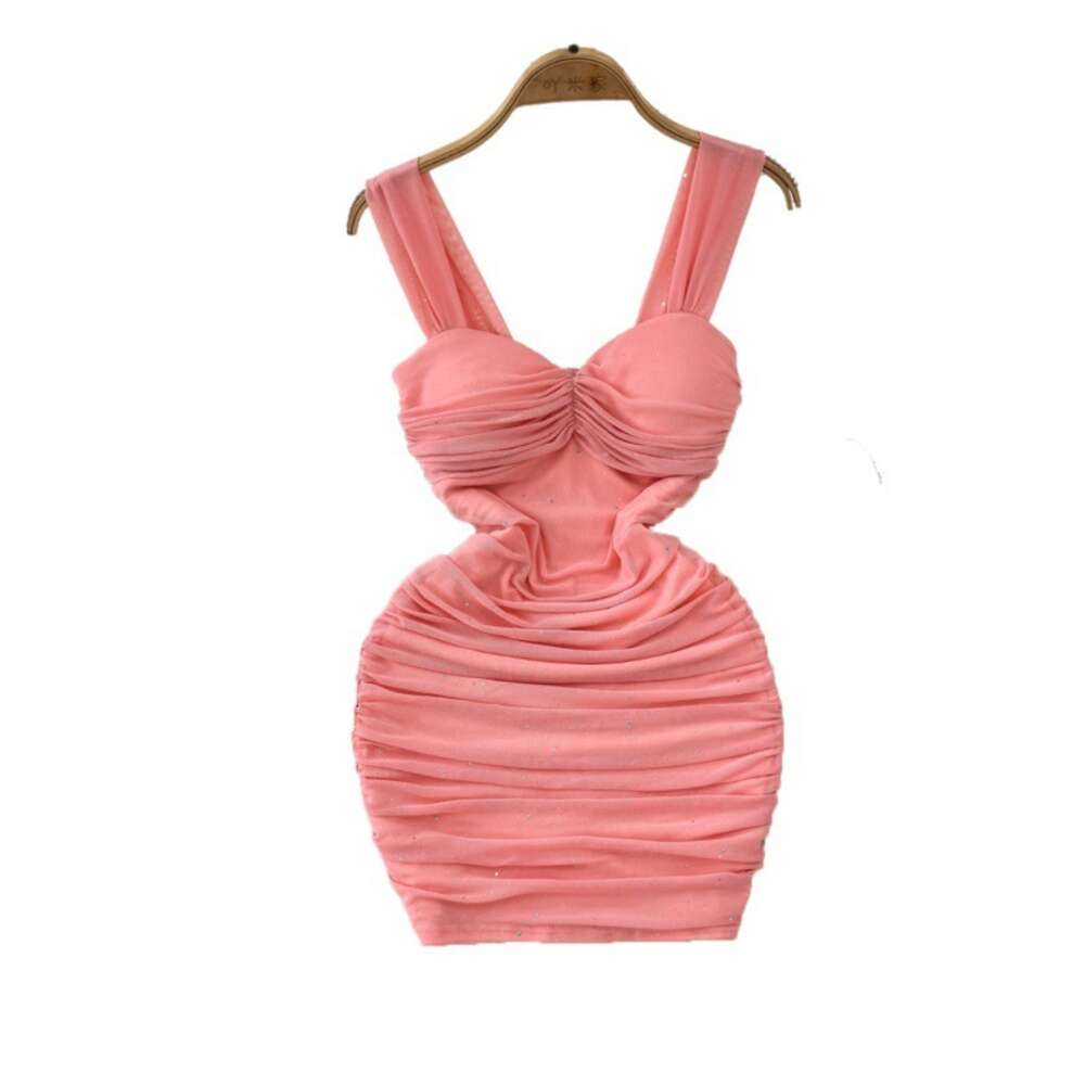 French temperament socialite sexy mesh suspender dress womens summer pleated waist slimming effect buttocks wrapped short skirt