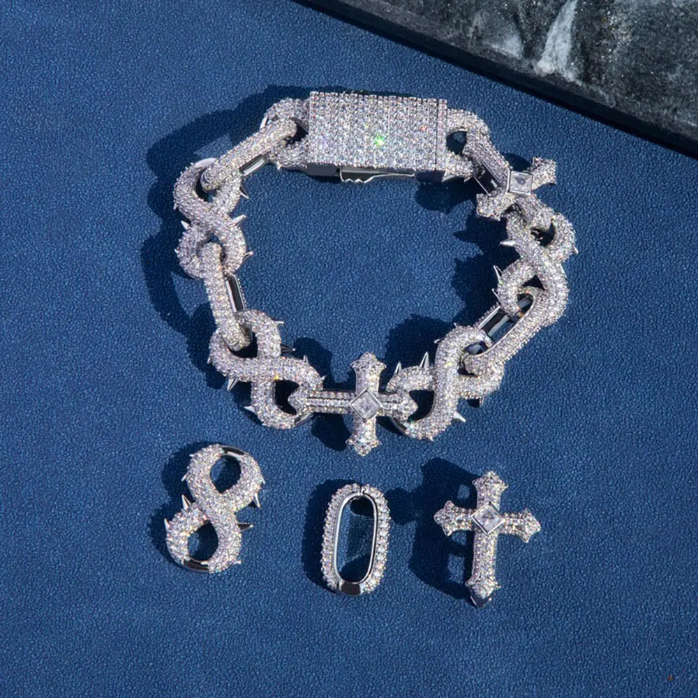 16mm Hip Hop Jewelry Micro Pave Detachable Spiked Infinity Mixed Cross Bracelet Latest Bling Ice Out Number 8 240530