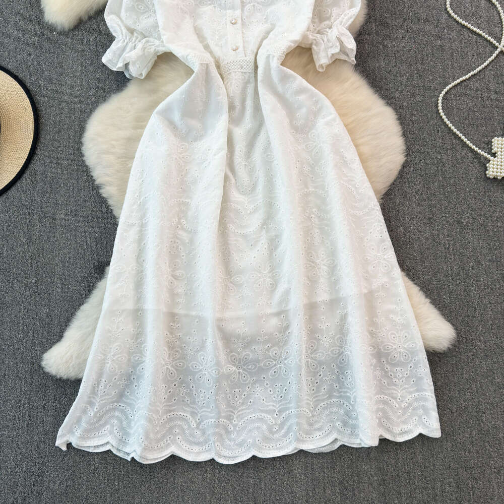 Fashionable and luxurious socialite temperament short sleeved lapel with waistband for slimming effect single breasted A-line hollow embroidered large