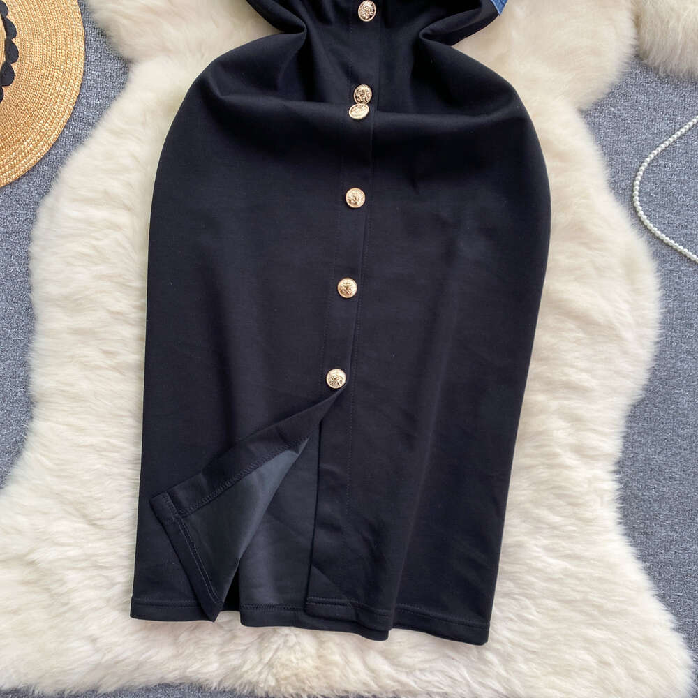 Design Fake Two Piece Womens Cowboy Short Sleeve Contrast Panel Mid length Over Knee Split Wrap Hip Skirt