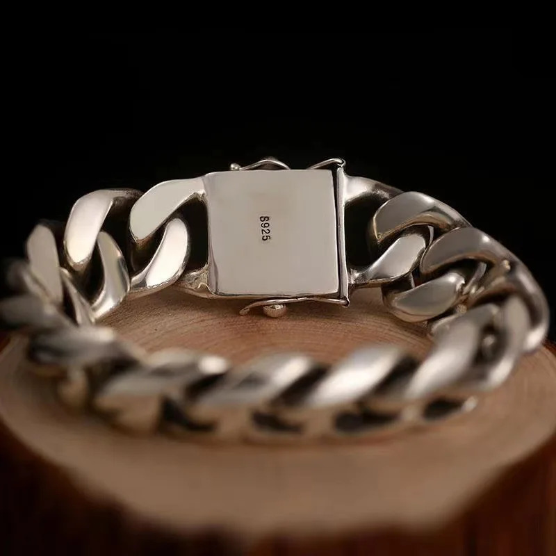 Domineering Thick Cuban S925 Sterling Silver Bracelet Mens Trendy Punk Personality European and American Hip Hop Wide Version 240531