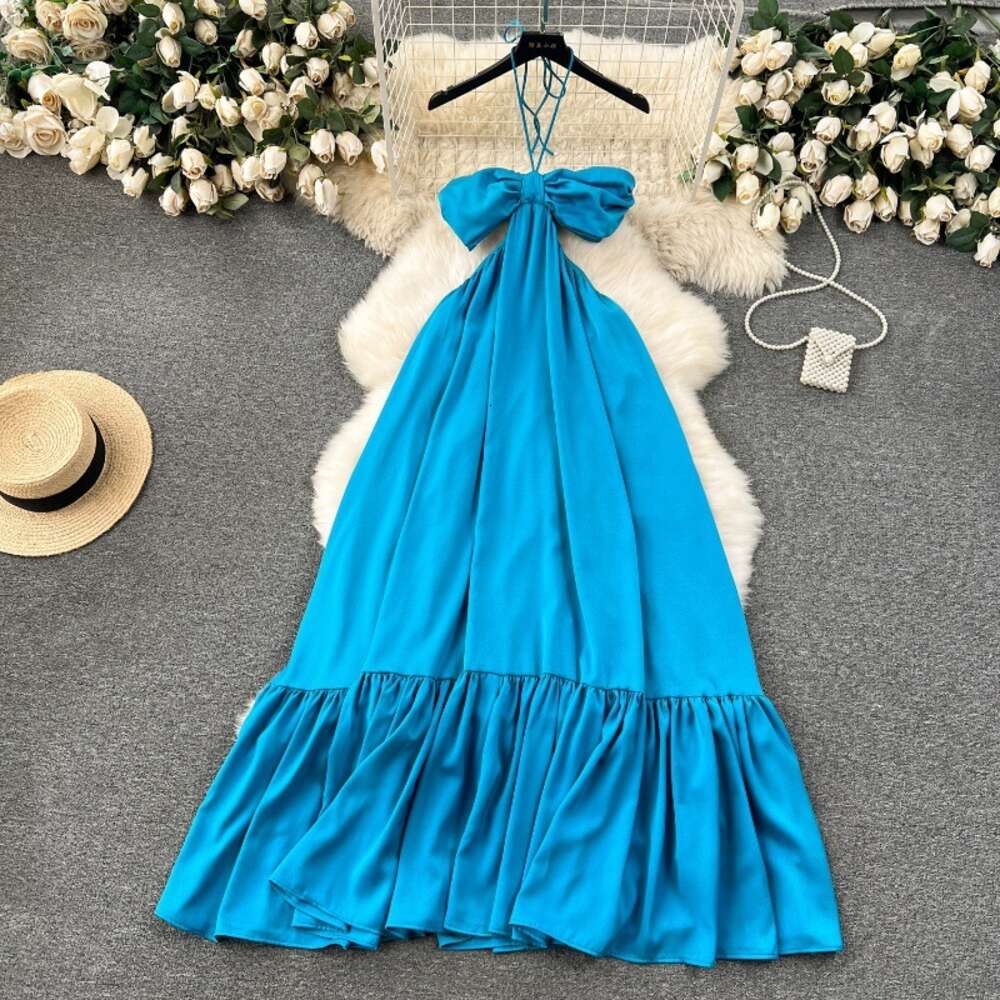 Vacation dressing with camisole dress womens mind machine hollowed out backless sexy strapless long satin dress ruffled edge skirt