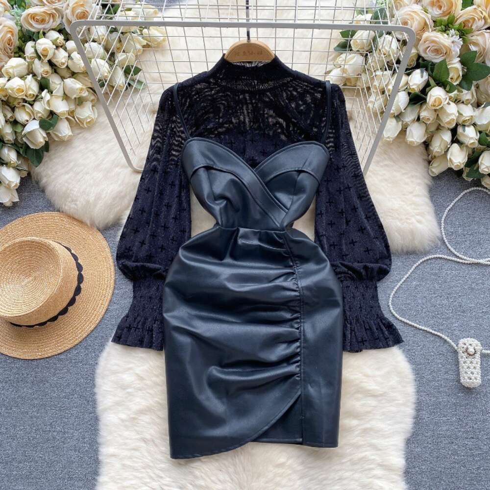 Royal Sister Fan suspender small leather skirt set womens high-end long sleeved mesh bottom shirt+two-piece dress set