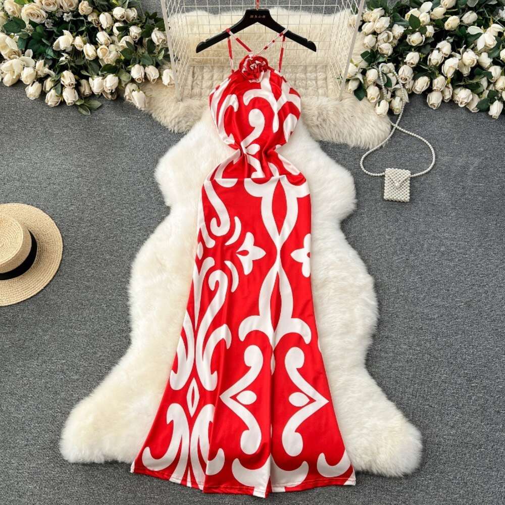 High end dress with a sense of luxury high-end design printing slim fit long and sexy hanging neck strap dress for women
