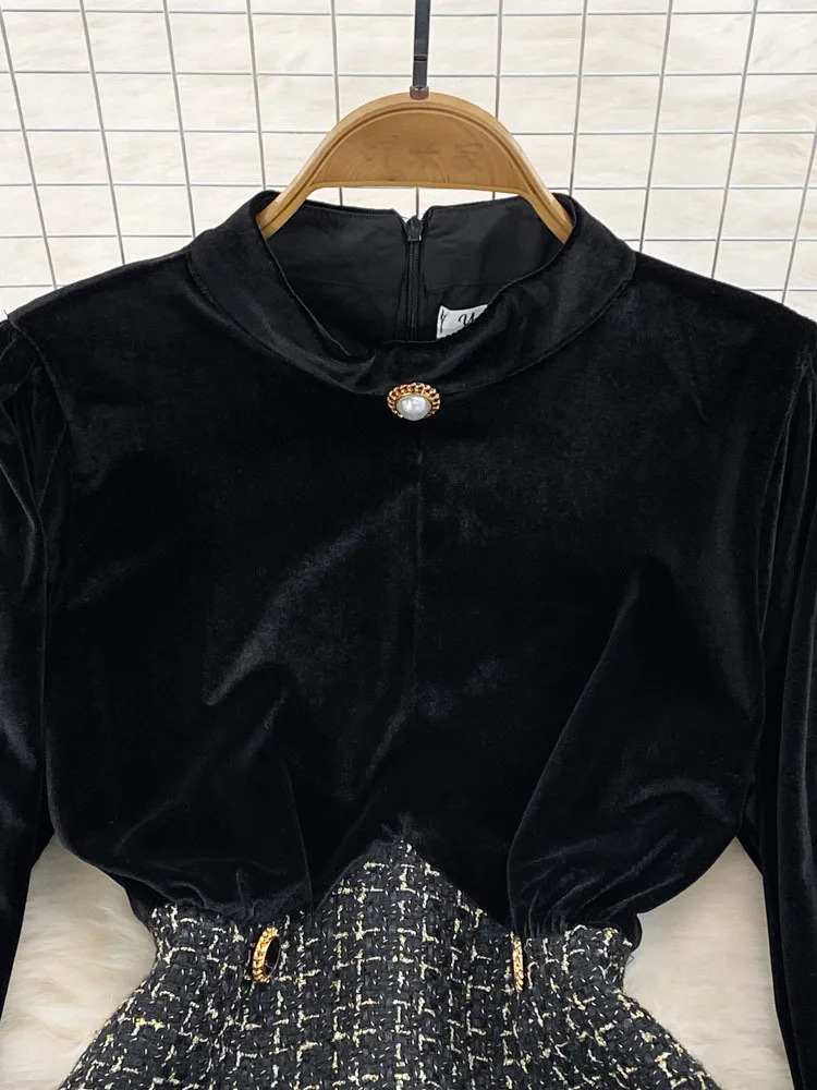 EWQ M-4XL Multi Size Womens Stand Pleuche Tweed Patchwork Contrast Color High Waist Dress Autumn Dresses 27SN3921 240529