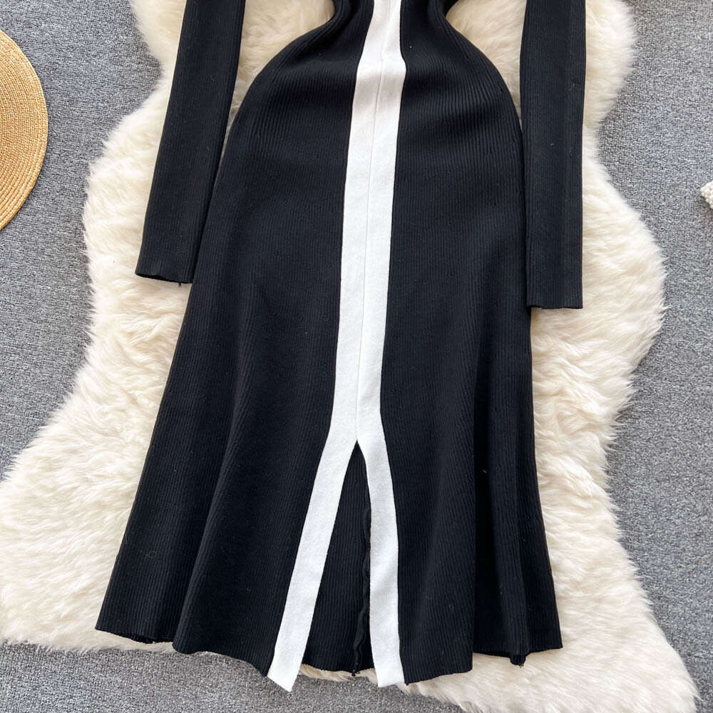 Autumn and Winter 2022 New Hepburn Style Slim Knitted Dress with Light Mature Style Medium Long Contrast Sweater Dress
