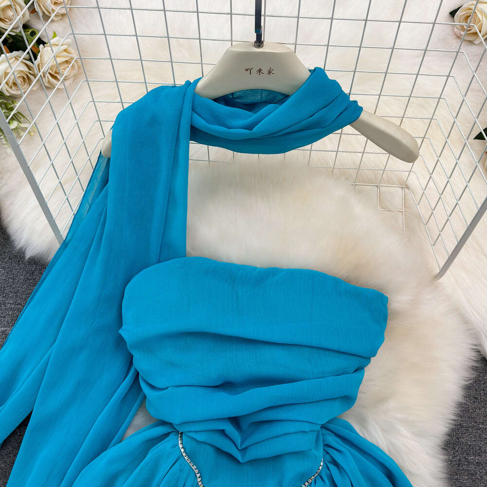 Fashionable socialite temperament sleeveless strapless waist cinching slim and small figure A-line fluffy mesh dress summer dress