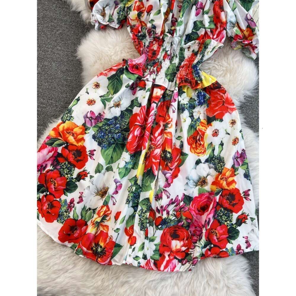 One shoulder elastic waist short vacation dress sexy off the shoulder Chinese floral print princess dress