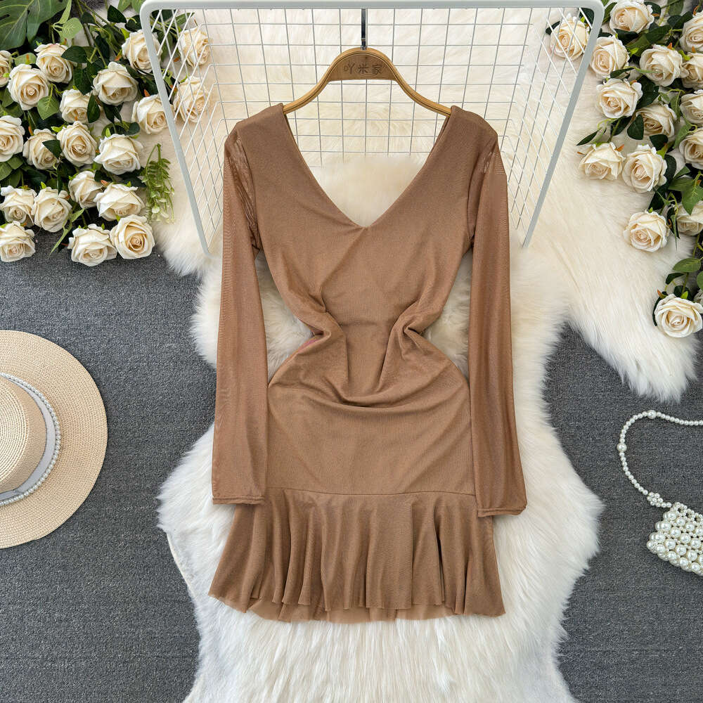 Fashionable Spicy Girl Sexy V-neck Low cut Open Back Waist Slim and Folded A-line Wrapped Hip Ruffle Edge Mesh Dress for Women
