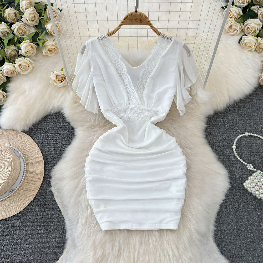 Lace hook flower low cut pure desire style dress with unique and elegant design tight fitting and slimming effect nightclub bar wrap hip skirt