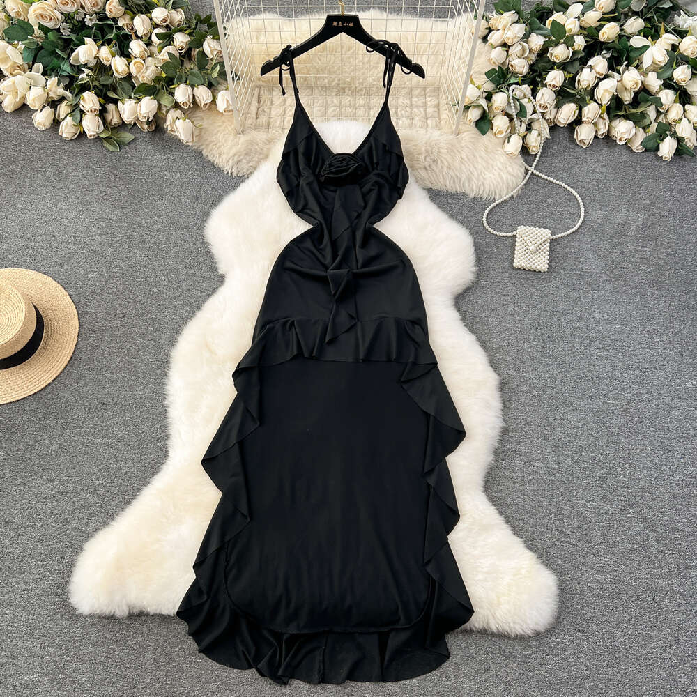 Sexy neck hanging suspender dress for women with a three-dimensional floral slim fit and ruffled edge front short and back long tailcoat dress