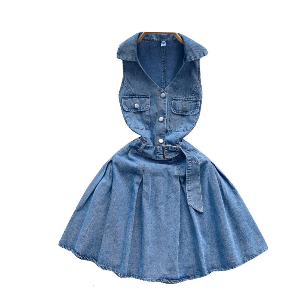 Summer new style temperament V-neck buckle waistband with waistband for slimming and pleated A-line skirt slim fit short denim dress