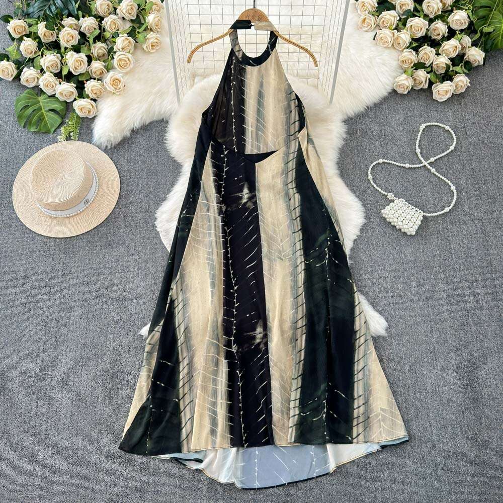 Instagram Lazy Style Fake Skirt Womens Design Feel Contrast Color Splicing Loose and Slim Mid length Hanging Neck Dress Fashionable