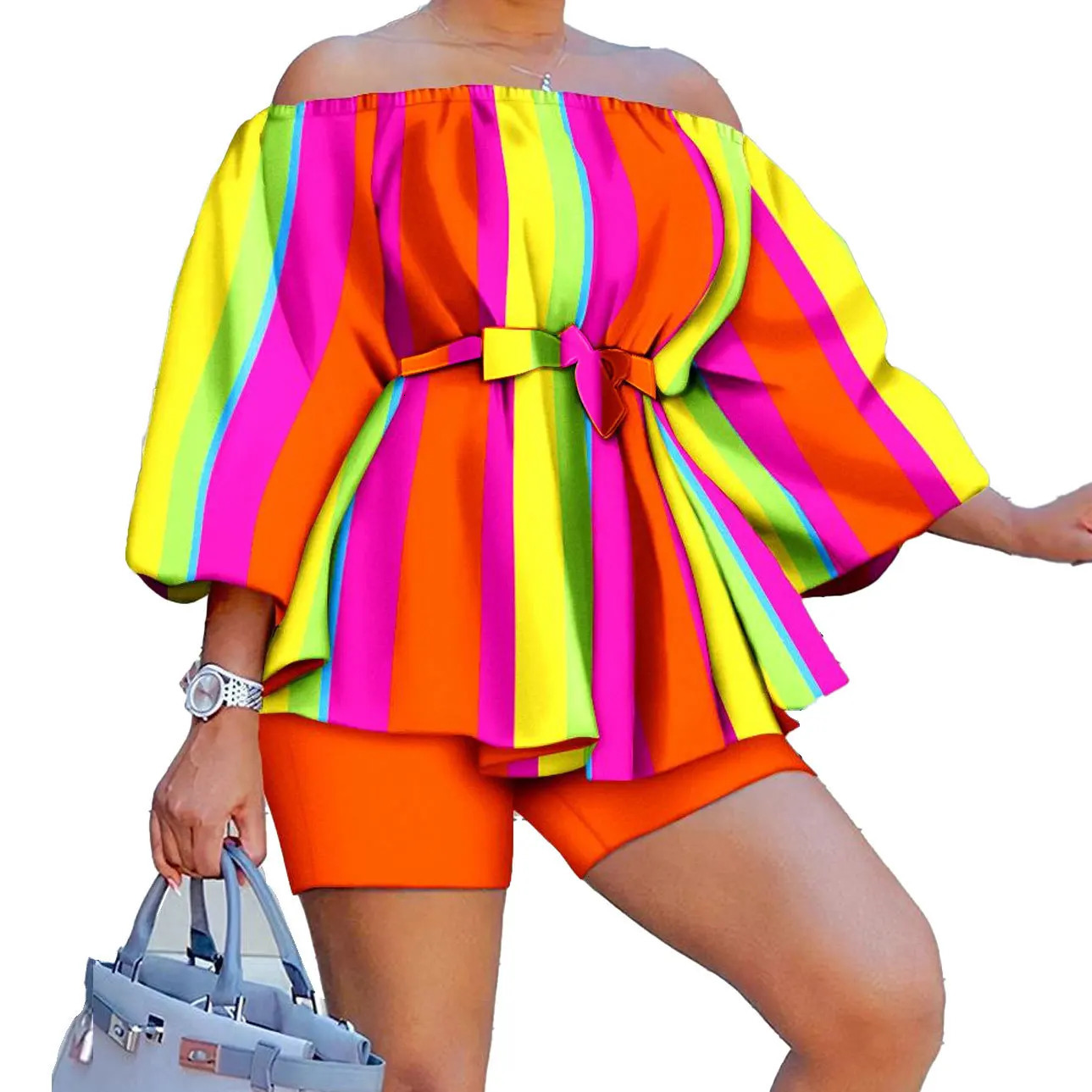 Szkzk Sexy printing two piece set Women off the shoulder lacing belt top and shorts Nightclub Party Costume yellow blue Sets 240530