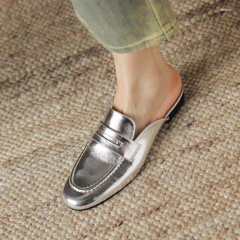 Slippers Ochanmeb Women Real Leather Mule Shoes Sier Gold Slip-on Penny Loafers Woman Genuine Flat Mules Spring Summer