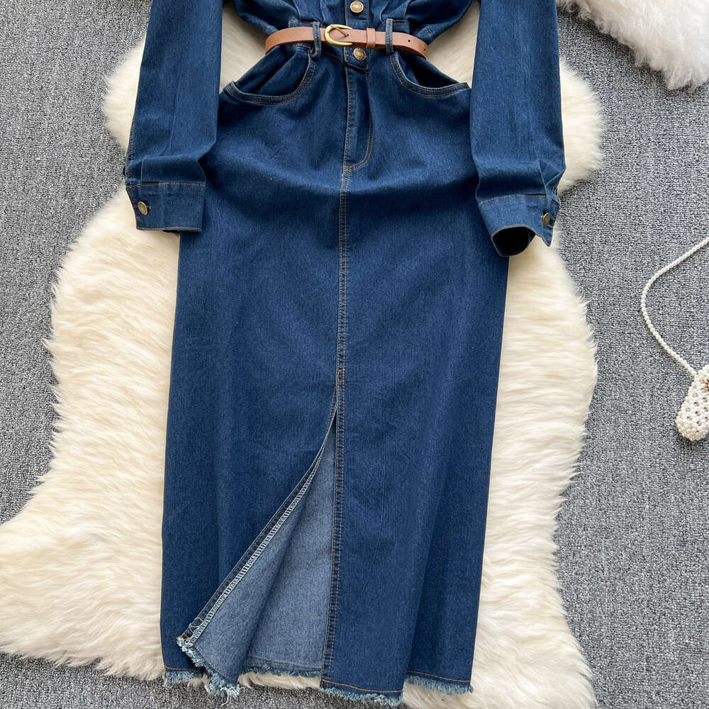 Deep blue denim dress womens design sense pocket buckle slim fit mid length slit over knee skirt