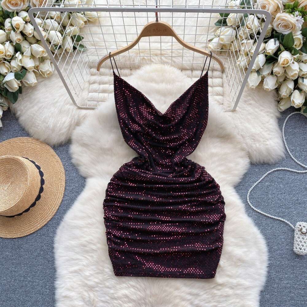 Nightclub womens light luxury sequin camisole dress womens scheming pleated slim fit short sexy buttocks skirt bottom skirt
