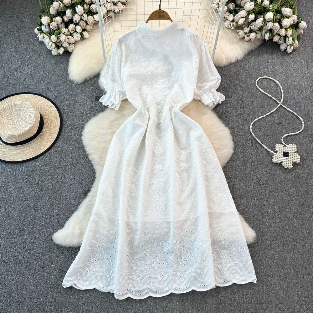 Fashionable and luxurious socialite temperament short sleeved lapel with waistband for slimming effect single breasted A-line hollow embroidered large