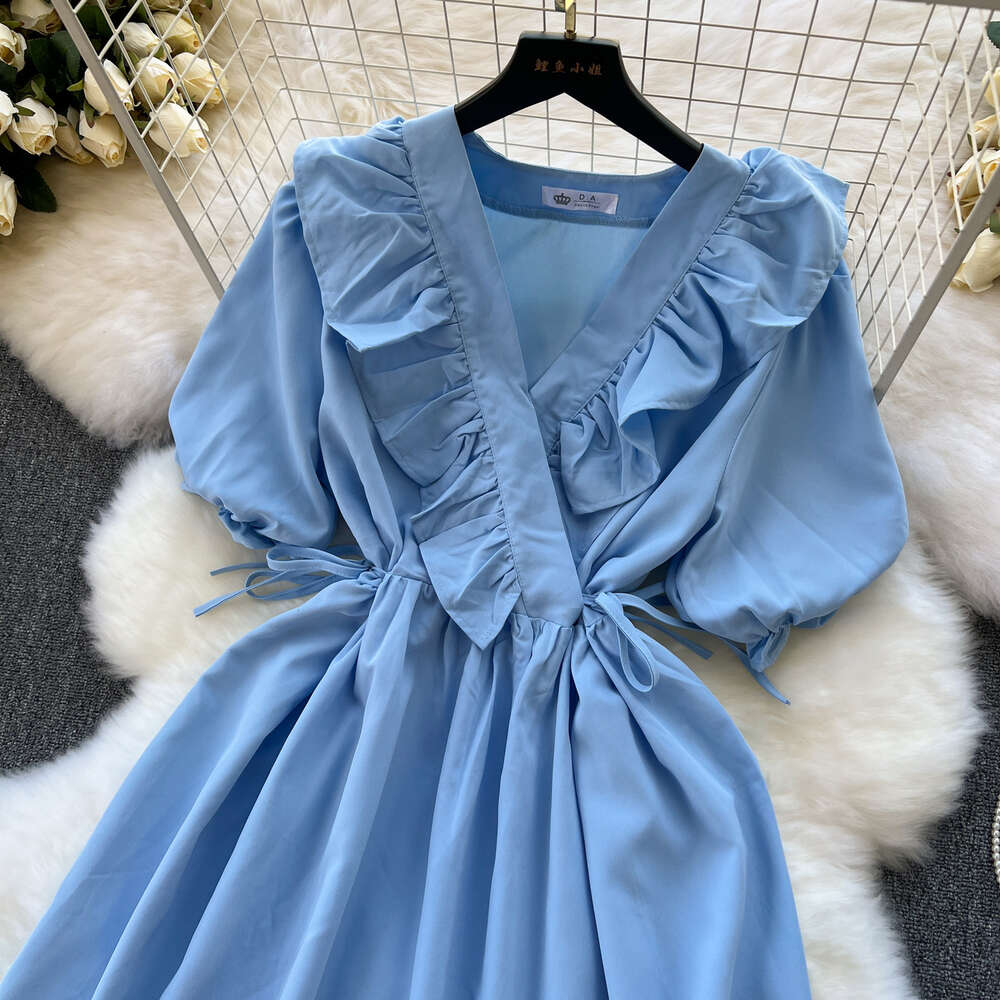 Korean style dress with sweet ruffled edges and V-neck straps for slimming waist and reducing age. New style for womens spring wear with bubble sleeve
