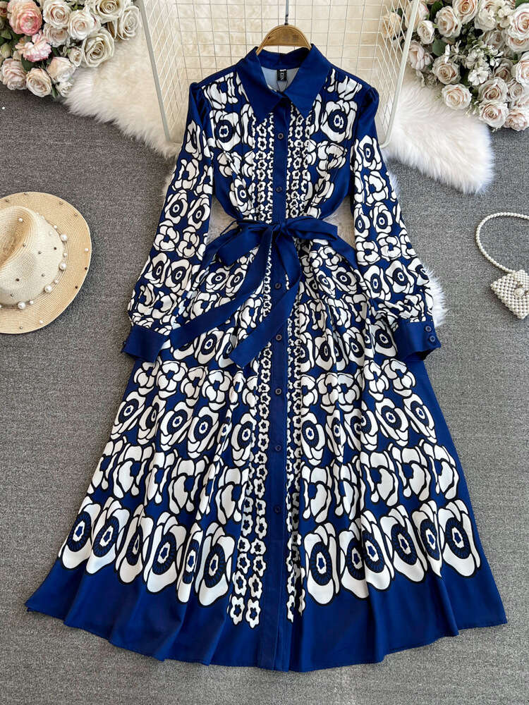 Spring and Autumn Luxury Celebrity Charm Long sleeved Polo Collar Waist Slimming Single breasted A-line Positioning Printed Shirt Dress
