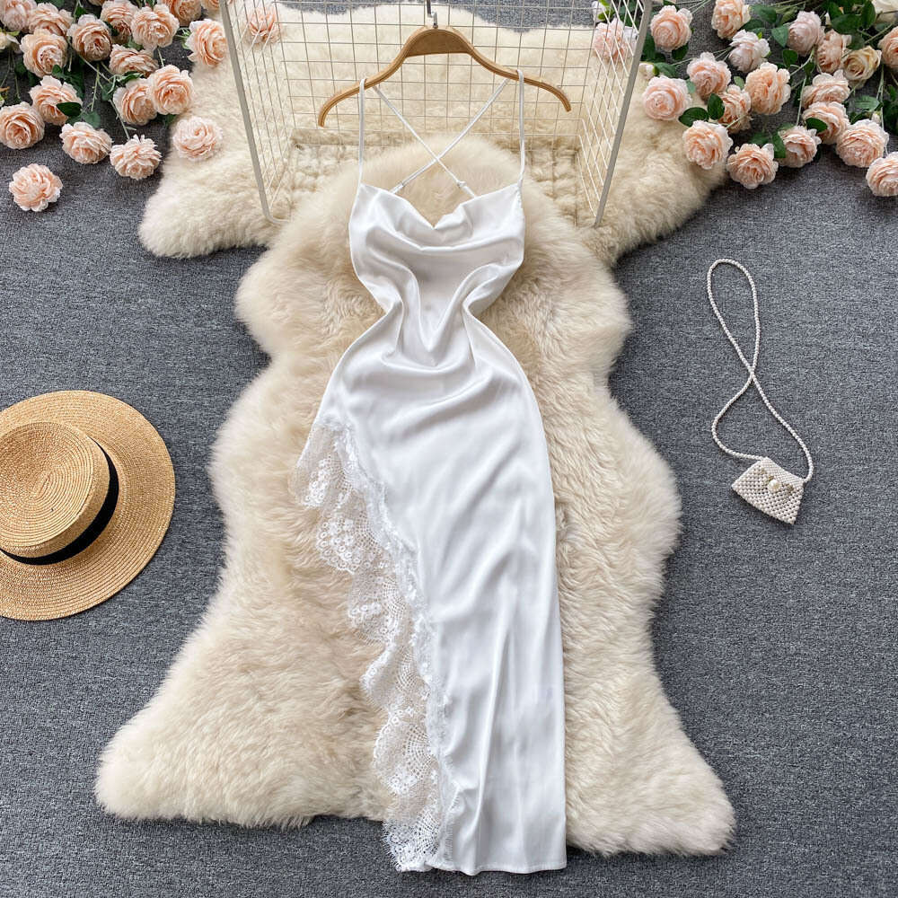 Satin Lace split hollow out suspender irregular dress female French Strapless celebrity sexy long skirt fashion