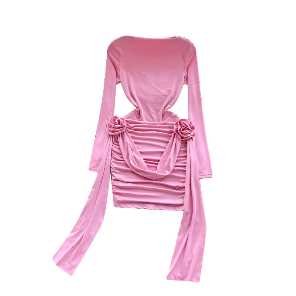 Womens clothing design with three-dimensional floral pleats waist closure slimming effect sexy buttocks wrapped skirt long sleeved dress womens trend