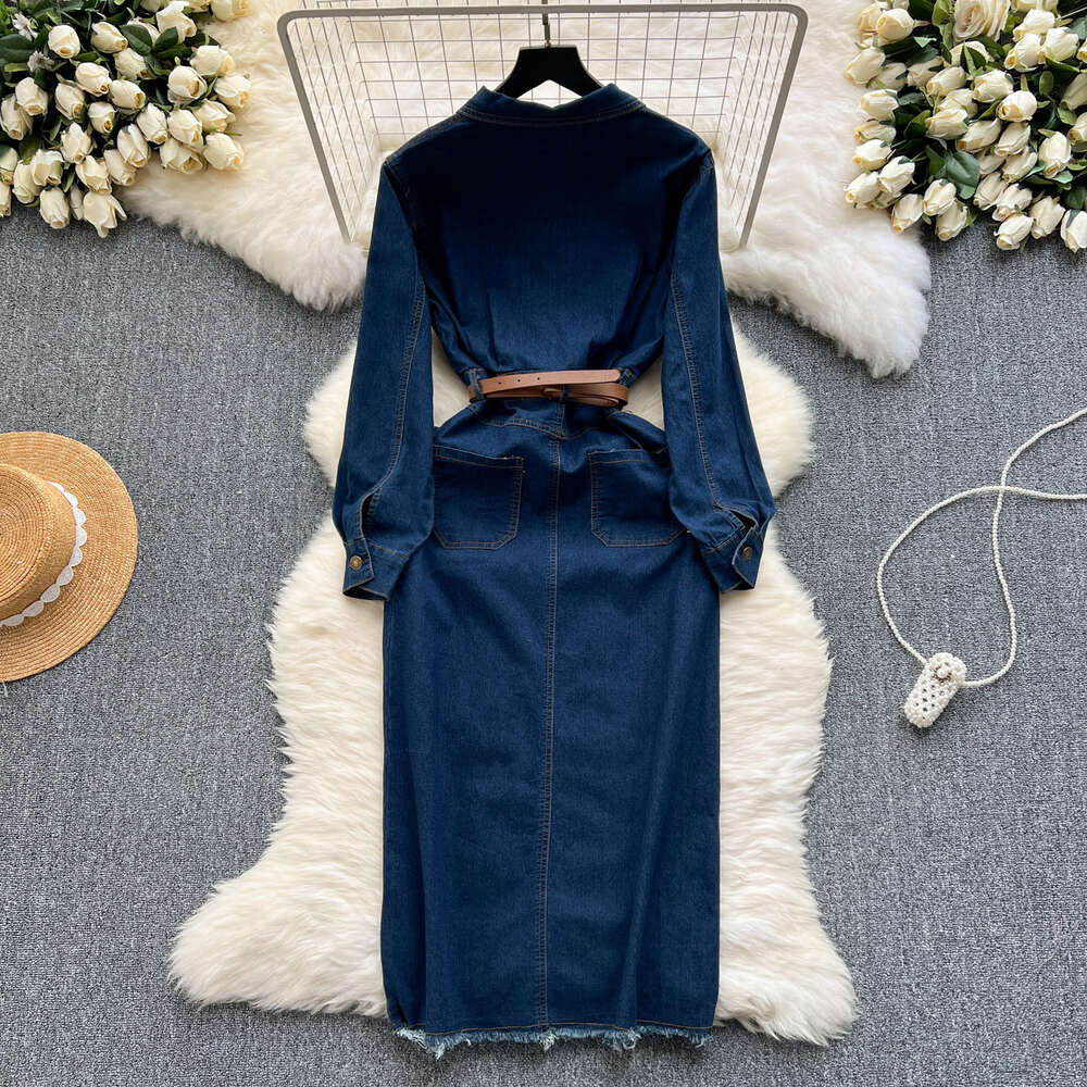 Deep blue denim dress womens design sense pocket buckle slim fit mid length slit over knee skirt