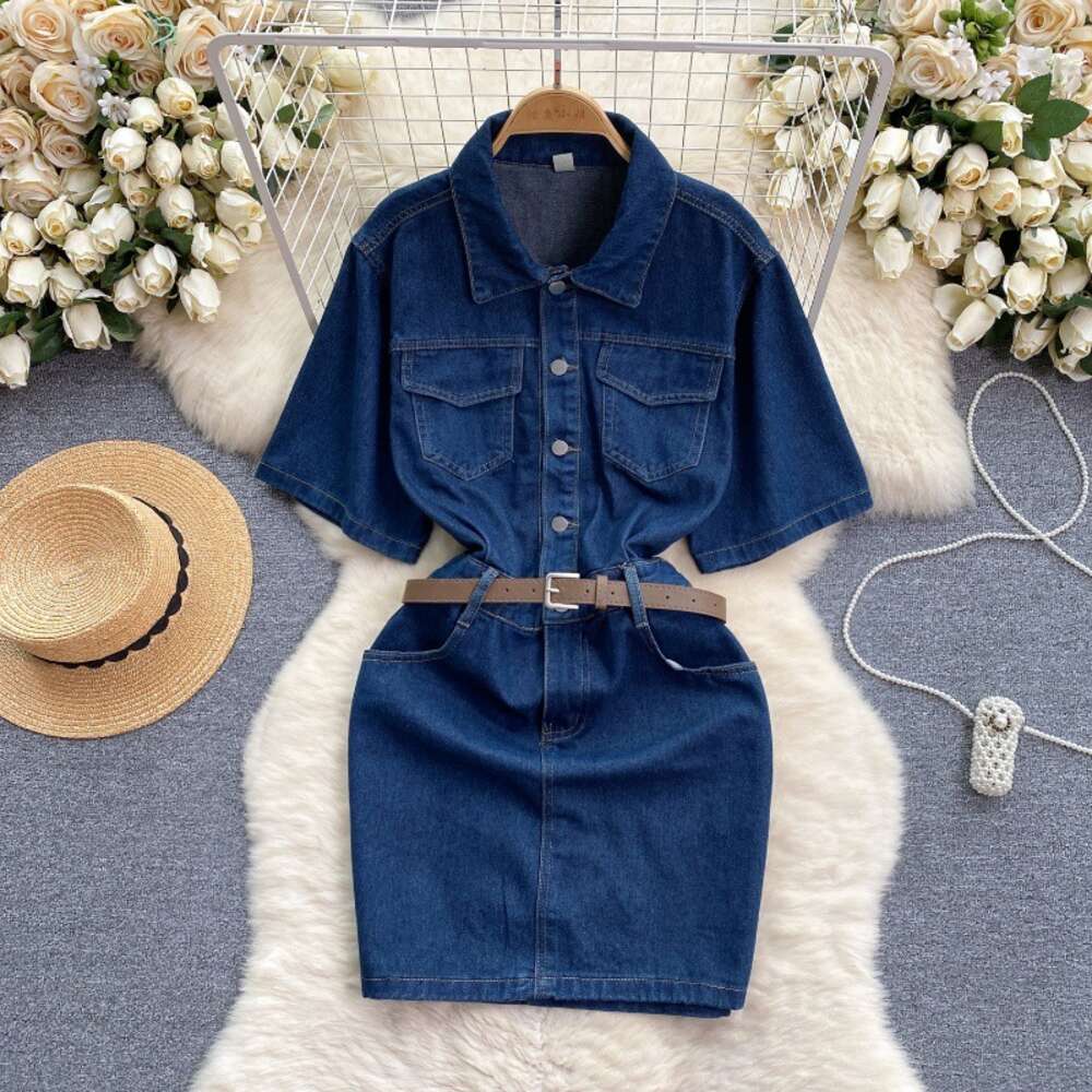 Chic dark blue denim skirt elegant buckle slim fit short style buttocks wrapped skirt elegant dress for women